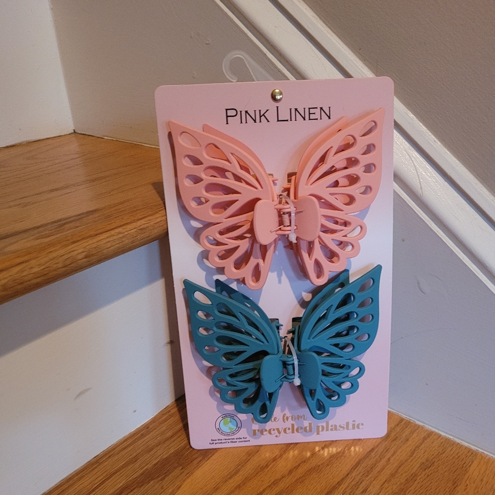 NEW Pink Linen Pink & Teal Butterfly Hair Clips Made From Recycled Plastic